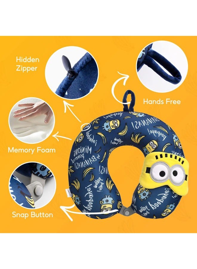 Miniso Minions Travel Neck Pillow with Eye Mask, Cute Cartoon 100% Memory Foam Neck Support Pillow, Lightweight Travelling Pillow Set for Airplane, Car and Home Use - Image 3