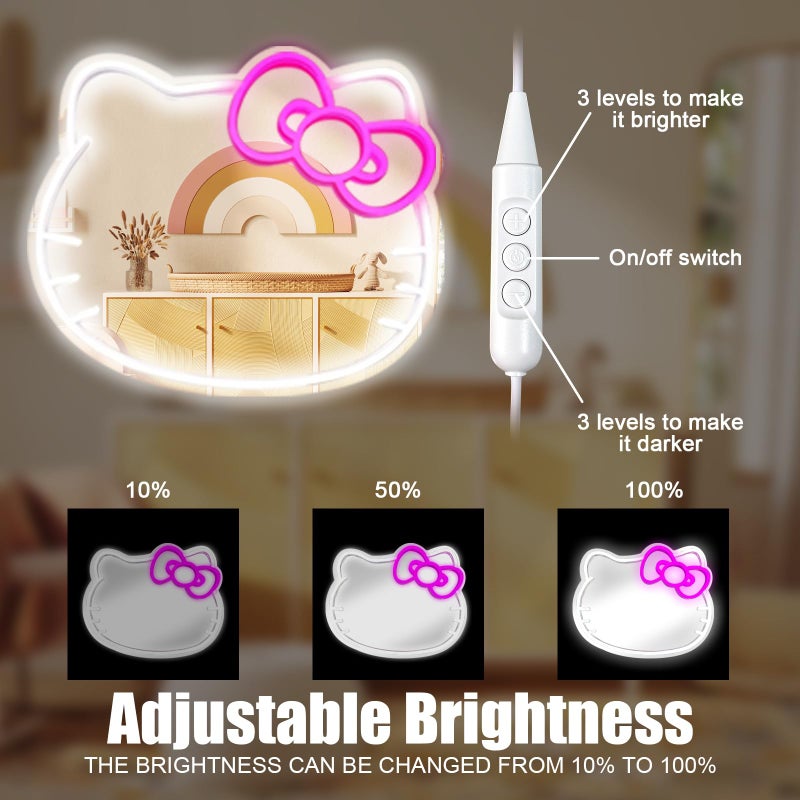 MCJSGSP Anime Hello Kit Cat Neon Sign Mirror L16.1 W14 Vanity Mirror with Lights Bedroom Wall Mirror for Pink Room Decor and a Makeup Mirror with Lights Teen Girl Gifts - Image 4
