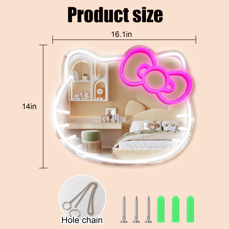 MCJSGSP Anime Hello Kit Cat Neon Sign Mirror L16.1 W14 Vanity Mirror with Lights Bedroom Wall Mirror for Pink Room Decor and a Makeup Mirror with Lights Teen Girl Gifts - Image 5