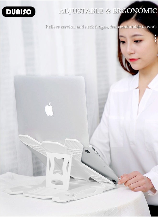 Laptop Stand for Desk, Portable Adjustable Laptop Holder for Relieve Cervical Fatigue, Foldable Computer Stand with 360° Rotating Base and Phone Stand, Ergonomic Ventilated Cooling Notebook Stand for MacBook Air, Tablet