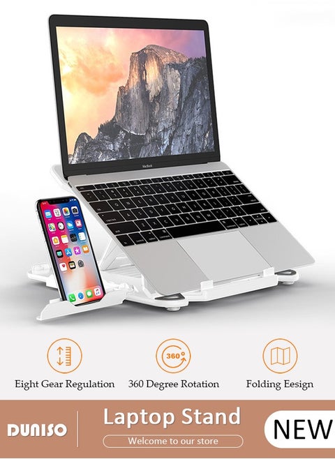 Laptop Stand for Desk, Portable Adjustable Laptop Holder for Relieve Cervical Fatigue, Foldable Computer Stand with 360° Rotating Base and Phone Stand, Ergonomic Ventilated Cooling Notebook Stand for MacBook Air, Tablet
