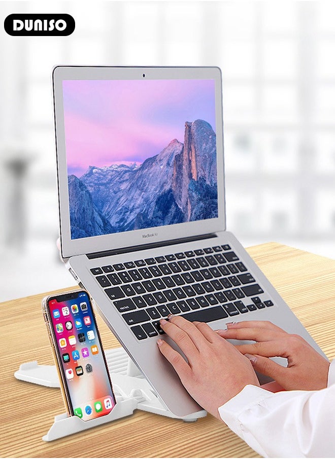 Laptop Stand for Desk, Portable Adjustable Laptop Holder for Relieve Cervical Fatigue, Foldable Computer Stand with 360° Rotating Base and Phone Stand, Ergonomic Ventilated Cooling Notebook Stand for MacBook Air, Tablet