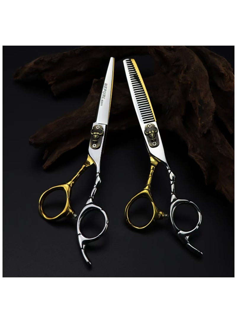 Generic NEPURLson Professional Hairdressing Scissors Bull Head Style Flat Scissors Thinning Scissors Set Color 6 Inch  - Image 2