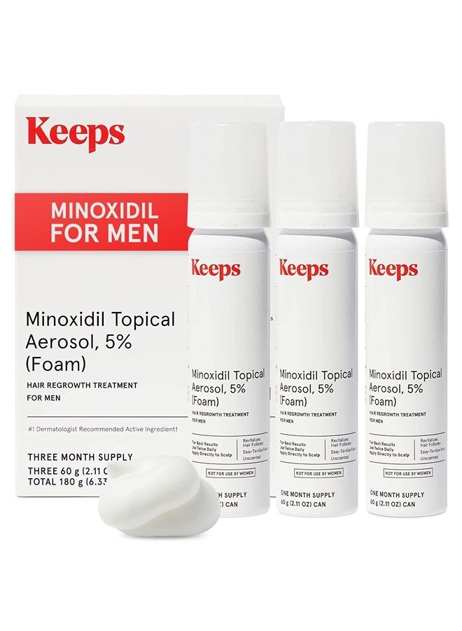 Keeps Extra Strength Minoxidil for Men Topical Hair Loss Aerosol Foam 5%, Hair Growth Treatment - 3 Month Supply, 3 X 2.11Oz Bottles - Thicker, Longer Hair - Slows Hair Loss And Promotes Hair Regrowth - Image 1