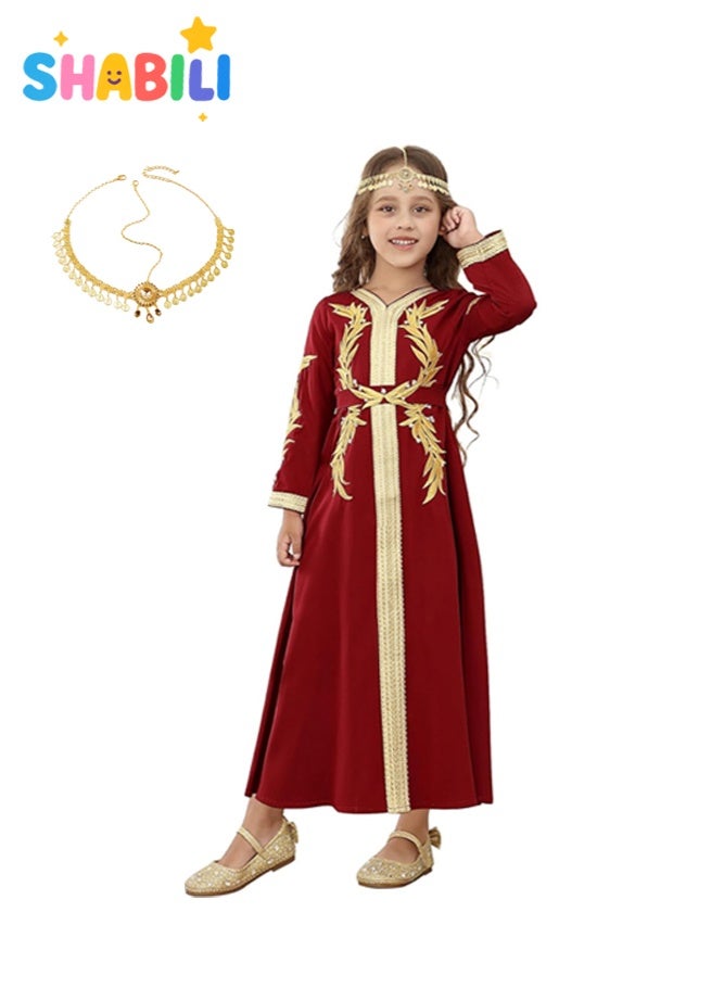 SHABILI Elegant Girls’ Embroidered Long Sleeve Arabian Kaftan Jalabiya Dress – Red & Golden Floral Appliqué Design, Tie-Back Detail, Includes Rhinestone Coin Forehead Headpiece, Perfect for Ramadan, Cultural Day, and Special Occasions, Ages 6–11 - Image 1