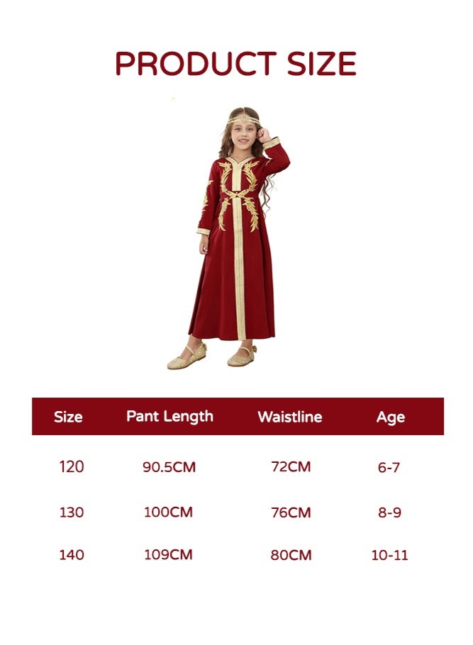 SHABILI Elegant Girls’ Embroidered Long Sleeve Arabian Kaftan Jalabiya Dress – Red & Golden Floral Appliqué Design, Tie-Back Detail, Includes Rhinestone Coin Forehead Headpiece, Perfect for Ramadan, Cultural Day, and Special Occasions, Ages 6–11 - Image 3
