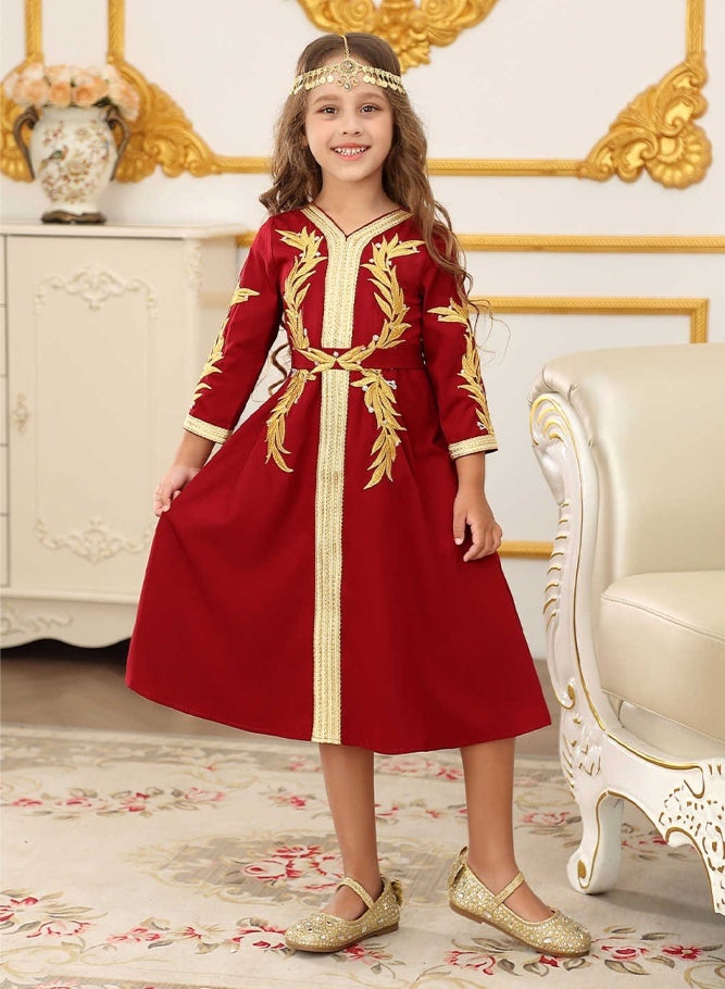 SHABILI Elegant Girls’ Embroidered Long Sleeve Arabian Kaftan Jalabiya Dress – Red & Golden Floral Appliqué Design, Tie-Back Detail, Includes Rhinestone Coin Forehead Headpiece, Perfect for Ramadan, Cultural Day, and Special Occasions, Ages 6–11 - Image 4