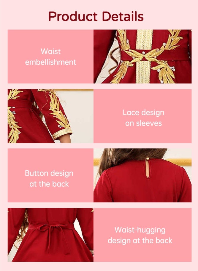 SHABILI Elegant Girls’ Embroidered Long Sleeve Arabian Kaftan Jalabiya Dress – Red & Golden Floral Appliqué Design, Tie-Back Detail, Includes Rhinestone Coin Forehead Headpiece, Perfect for Ramadan, Cultural Day, and Special Occasions, Ages 6–11 - Image 5