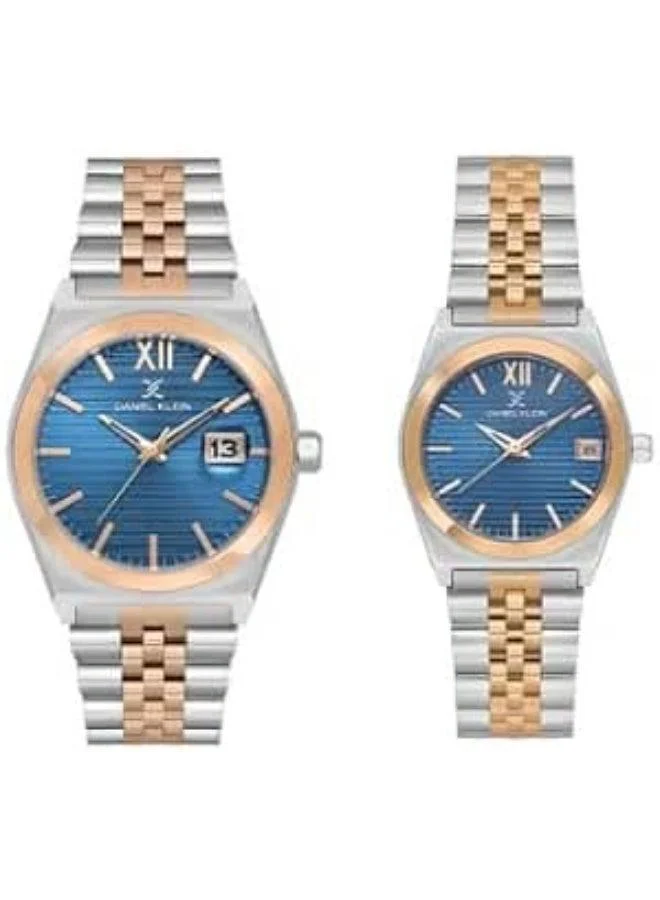 DANIEL KLEIN Unisex Stainless Steel Silver and Rose Gold Steel Case Analog Blue Round Emboss Dial Japanese Quartz Pair 30-50 Meters Water Resistant
