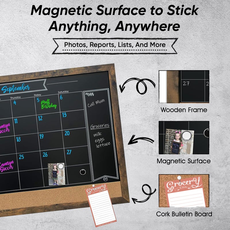 Loddie Doddie Framed Magnetic Chalkboard Calendar - 36 in x 24 in Alloy Steel Frame - Magnet Display for Photos & Notes - Chalkboard Calendar for Wall Organization - Menu Board for Kitchen Meals - Image 3