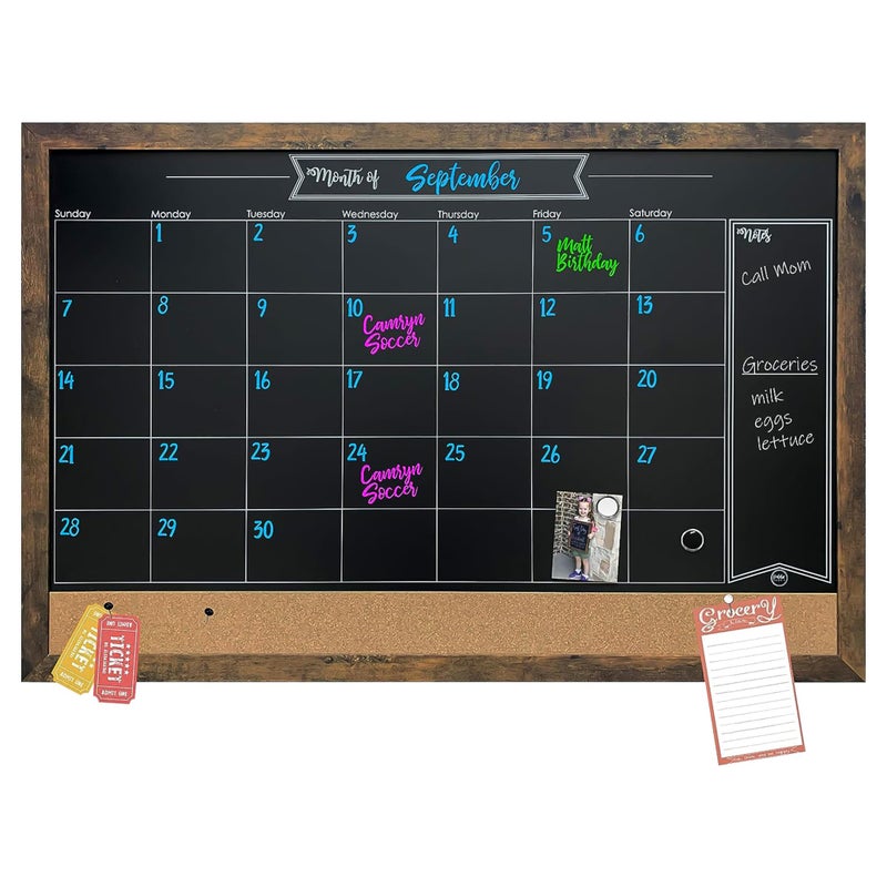 Loddie Doddie Framed Magnetic Chalkboard Calendar - 36 in x 24 in Alloy Steel Frame - Magnet Display for Photos & Notes - Chalkboard Calendar for Wall Organization - Menu Board for Kitchen Meals - Image 1