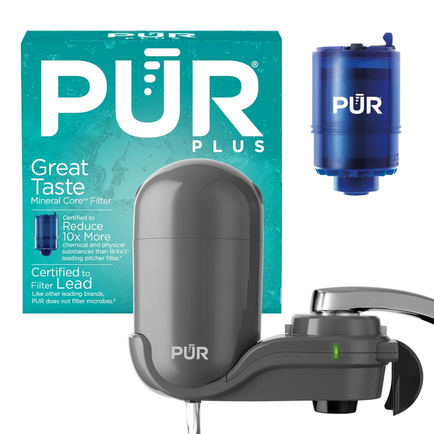 PUR Plus Vertical FaucetMount Water Filtration System LeadReducing Filter Easy Installation 100Gallon Capacity Compatible with External Aerators Grey