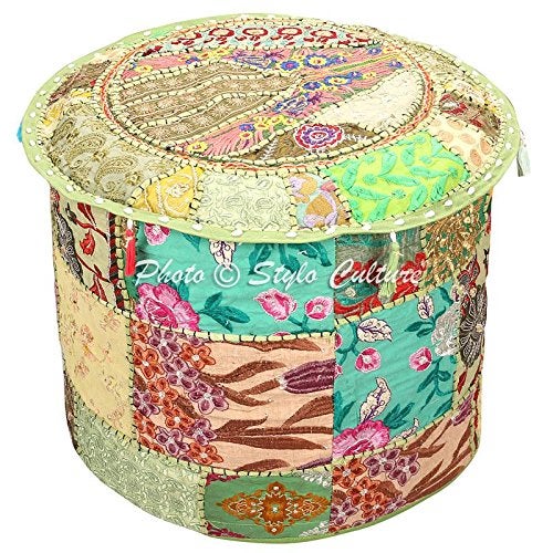 Stylo Culture Ethnic Pouffe Ottoman Round Cover Indian Patchwork Embroidered Pouf Green Cotton Floral Traditional Furniture Footstool Seat Puff 22x22x14 Bean Bag Home Decor