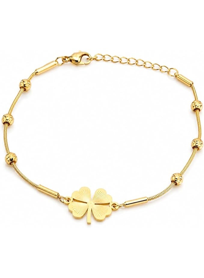 UShop A gold-tone bracelet from U-Shop, featuring a four-sided clover design, a chain with beads, a modern and elegant design, adjustable, for women. - Image 1