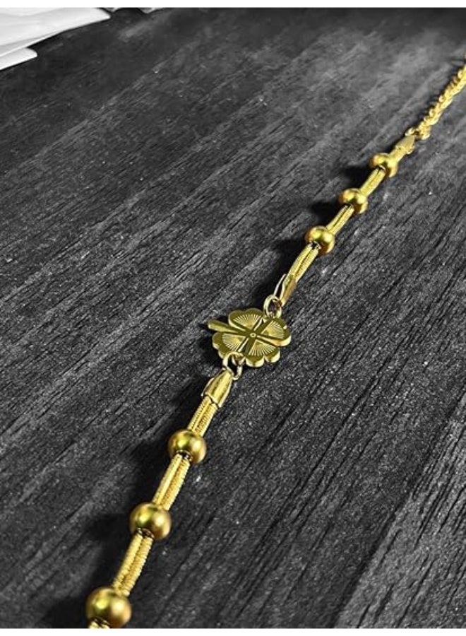 UShop A gold-tone bracelet from U-Shop, featuring a four-sided clover design, a chain with beads, a modern and elegant design, adjustable, for women. - Image 3