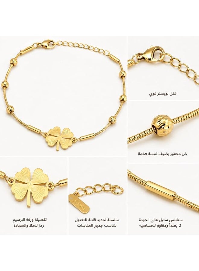 UShop A gold-tone bracelet from U-Shop, featuring a four-sided clover design, a chain with beads, a modern and elegant design, adjustable, for women. - Image 2