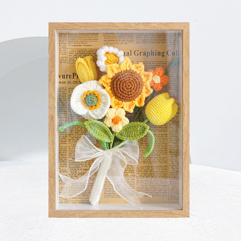 Handmade Knit Flowers Photo Frame | Artificial Hand- Knitted Sunflower Bouquet Wall Decor,Home Offices Decors, Desk Tabletop Ornaments, Gift for Mother’s Day, Anniversary, Wedding - Image 2