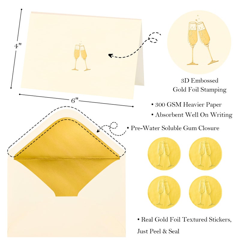 Crisky 50 Embossed Blank Cards and Envelopes 4x6, Embellished Gold Foil Champagne Glasses Bridesmaid Card, Blank Greeting Cards Bulk for Wedding, Bridal Shower, Baby Shower, Birthday Party - Image 2