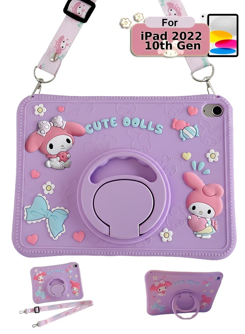 Slim Case for iPad 10th Generation 10.9 inch (2022) Ultra-Thin Soft Silicone Shell Ultra Slim Lightweight Protective Cover with 360°Rotating Hand Strap Adjustable Ring Stand & Handle, Drop Protection, Cute Cartoon/Kawaii Doll Cover for Kids Girls, Cute Doll Pink Purple - Image 1