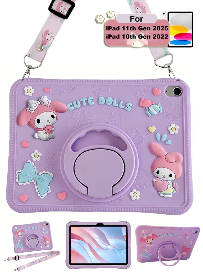 حافظة رفيعة لجهاز iPad من الجيل العاشر مقاس 10.9 بوصة (2022) غلاف سيليكون ناعم فائق النحافة غطاء واقي خفيف الوزن للغاية مع حزام يد قابل للتدوير 360 درجة وحامل ومقبض قابل للتعديل وحماية من السقوط وغطاء كرتوني لطيف/دمية كاواي للأطفال والفتيات ودمية لطيفة باللون الوردي والأرجواني - Image 1