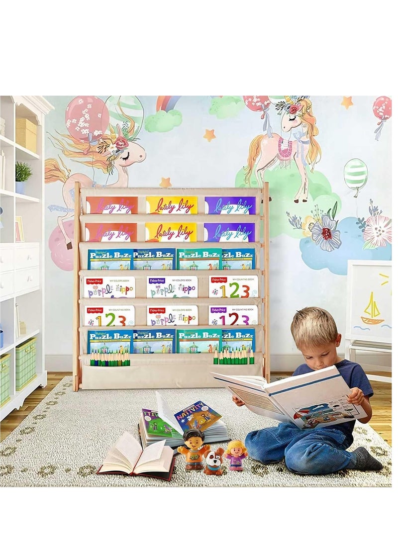 6-Tier Wood Kids Bookshelf, Baby Bookcase, Natural Sling Book Rack Kids Bedroom Playroom Toy Storage for Home and Office