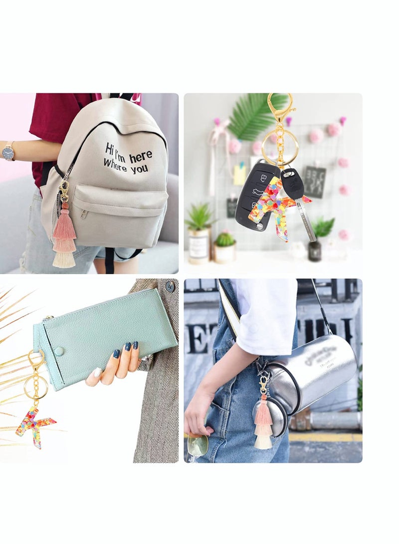 Excefore Tassel Key Ring and Letter Keychain 2pcs Boho Key Ring Bag Pendant Hand-woven Retro Volcanic Stone Keychain Pendant for Purse Handbags Women Girl Alphabet Heart Sequin Keychain (Random Color) - Image 2