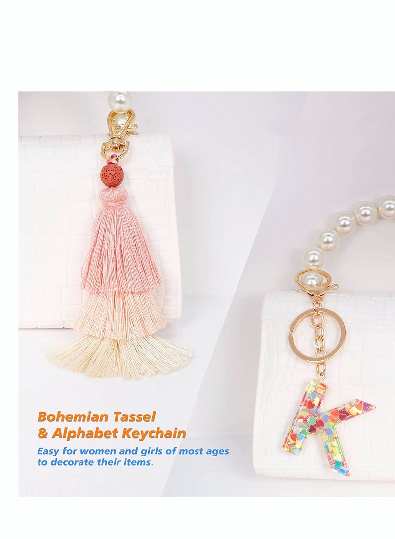 Excefore Tassel Key Ring and Letter Keychain 2pcs Boho Key Ring Bag Pendant Hand-woven Retro Volcanic Stone Keychain Pendant for Purse Handbags Women Girl Alphabet Heart Sequin Keychain (Random Color) - Image 4