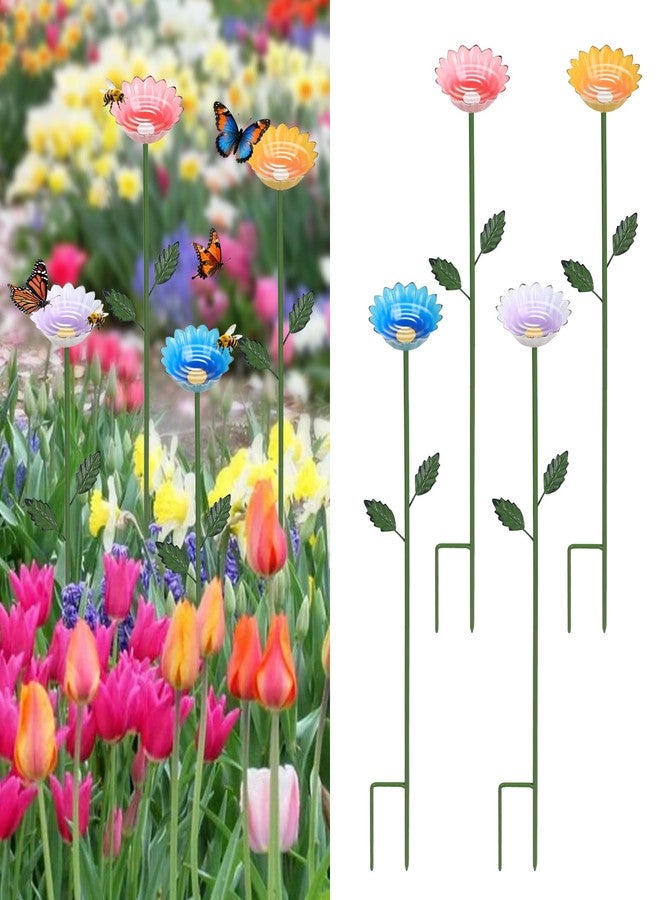 hogardeck Garden Decor for Outside, 4 Pcs 25.8" Metal Bee Watering Station, Flower Design with Stakes, Butterfly Feeder Bird Bath for Outside Yard Patio Lawn (Blue, Yellow, Pink, White) - Image 1