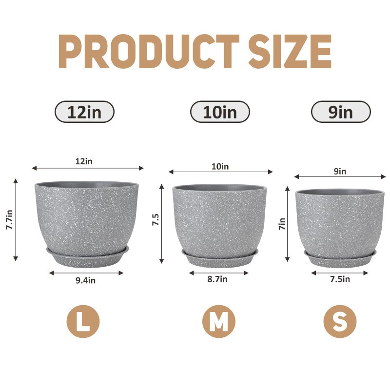 YNNICO Plant Pots 12/10/9 inch Set of 3, Flower Pots with Multi Mesh Drainage Holes, Large Planters for Indoor Outdoor Garden Plants and Flowers. (Gray) - Image 2