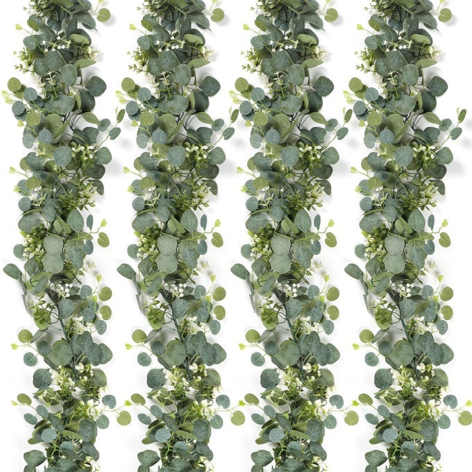 ARTIFICIAL EUCALYPTUS GARLAND WITH WHITE FLOWERS 4 PACKS 59FT SILVER DOLLAR EUCALYPTUS VINE FAUX LEAVES VINE GREENERY GARLAND FOR TABLE WEDDING ARCH MANTLE ROOM DECOR 4PCS