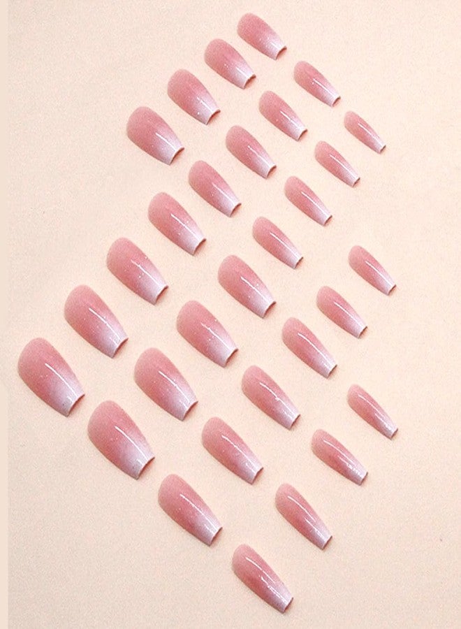 Hrnsnails Coffin Press On Nails Medium Long Girls Fake Nails with Ombre&Glitter Nail Press Ons Design, Acrylic Artificial False Nails Stick On Nails for Women - Image 3