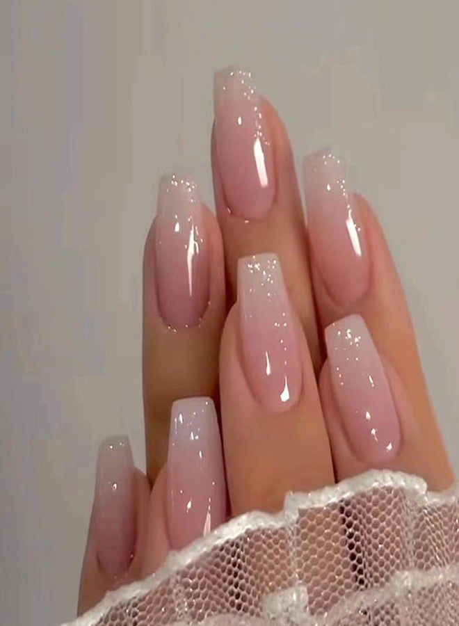 Hrnsnails Coffin Press On Nails Medium Long Girls Fake Nails with Ombre&Glitter Nail Press Ons Design, Acrylic Artificial False Nails Stick On Nails for Women - Image 1