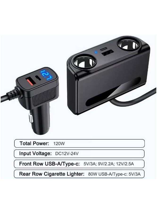 Smartbarry C802 6-in-1 Car Charger Adapter 120W Dual Socket Splitter with USB Fast Charging Ports, Real-Time LED Voltage Display, Multi Safety Protection, Universal Car Power Expander Black - Image 5