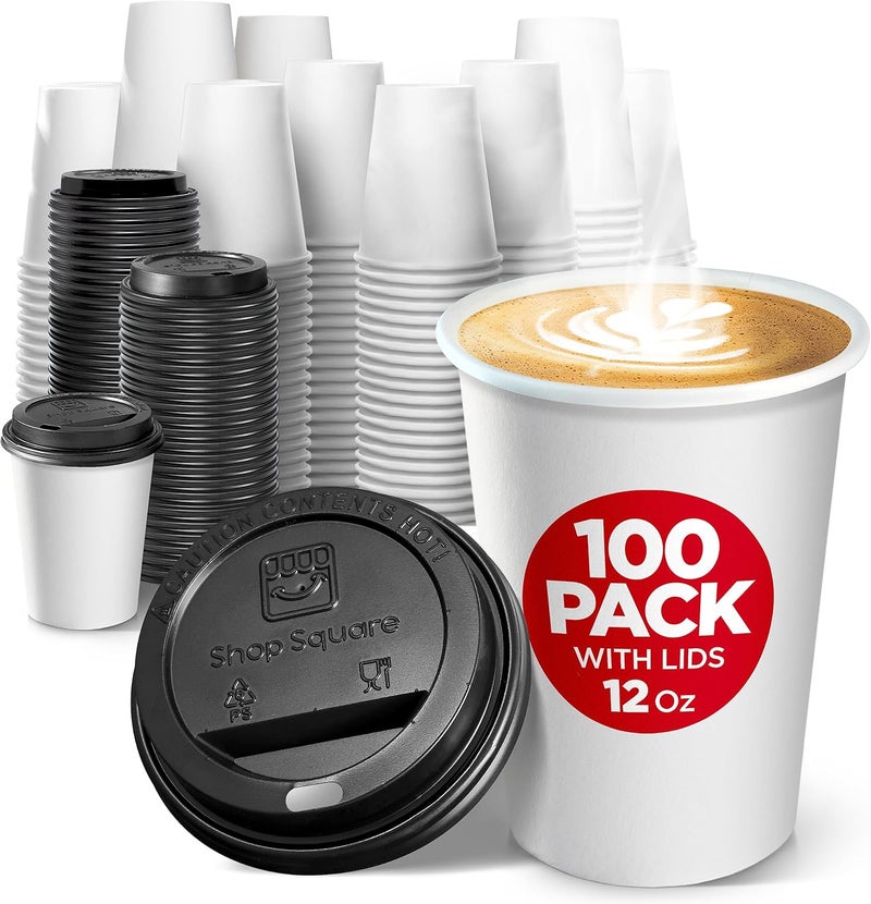 Shop Square Disposable Coffee Cups with Lids 12 oz (100 Pack) - Paper Coffee Cups for Hot & Cold Drinks, Tea, Hot Chocolate, Water - Image 1