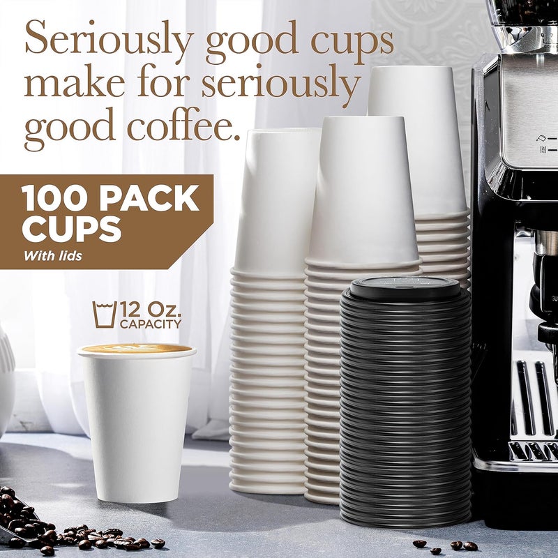 Shop Square Disposable Coffee Cups with Lids 12 oz (100 Pack) - Paper Coffee Cups for Hot & Cold Drinks, Tea, Hot Chocolate, Water - Image 2