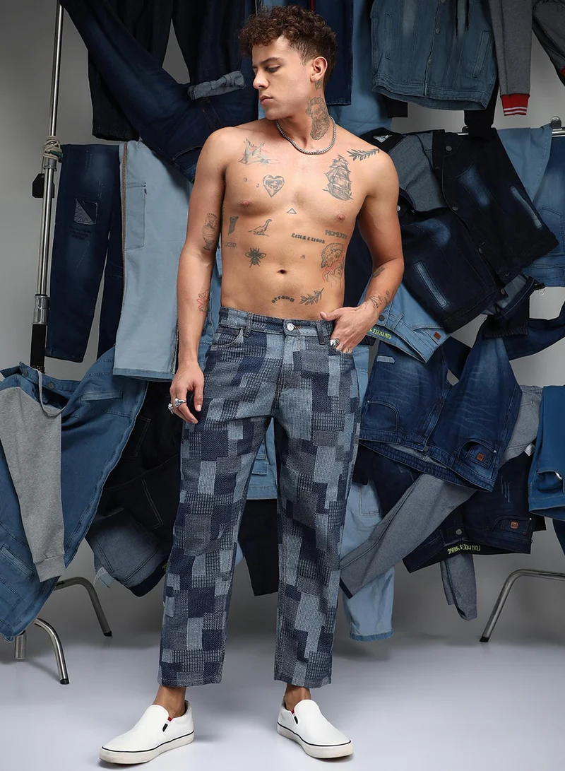 Campus Sutra Men's Navy Blue Blcoked Straight-Fit Denim Jeans