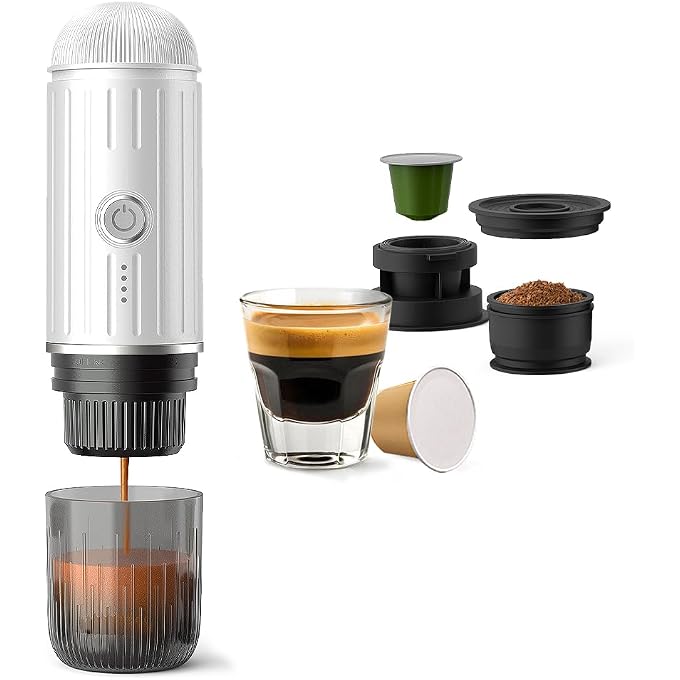 BENFUCHEN Portable Electric Espresso Machine 2-in-1, Self-Heating Travel Coffee Maker Compatible with Nespresso Pods & Ground Coffee, Mini Espresso for Camping, RV, Hiking, Office, and Car, White - Image 1