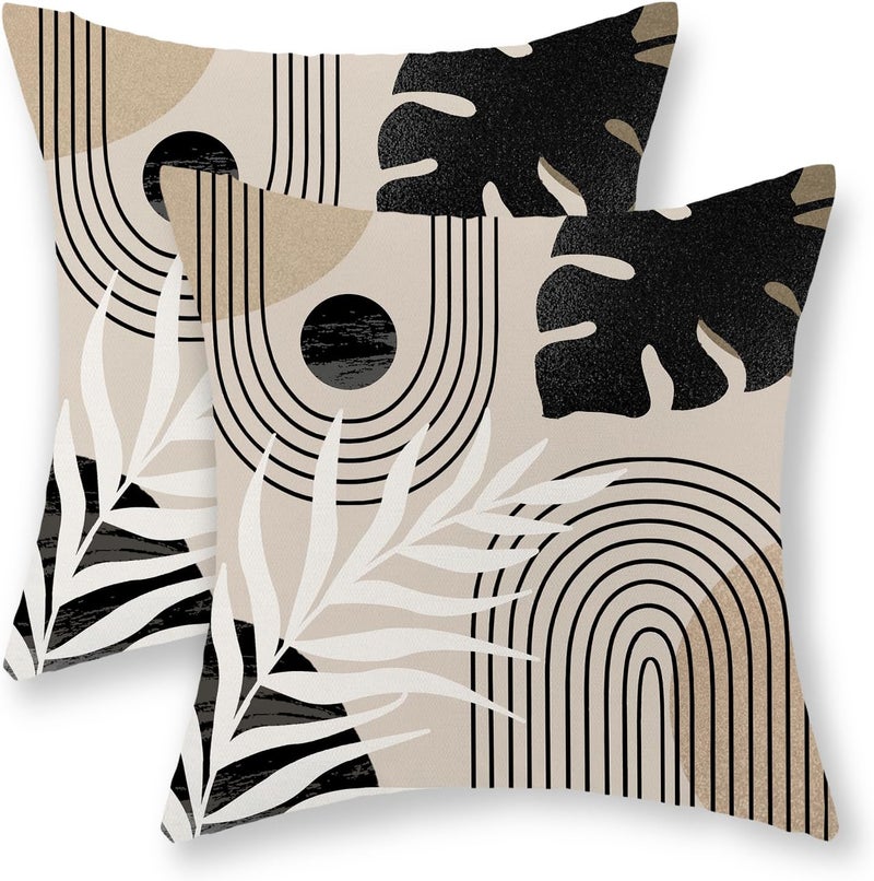 JEFERSO Boho Pillow Covers 16x16 Set of 2 Mid Century Black Beige Tropical Leaf Throw Pillow Covers Outdoor Decor Modern Abstract Decorative Pillow Cases Farmhouse Linen Cushion Case for Couch Sofa - Image 1