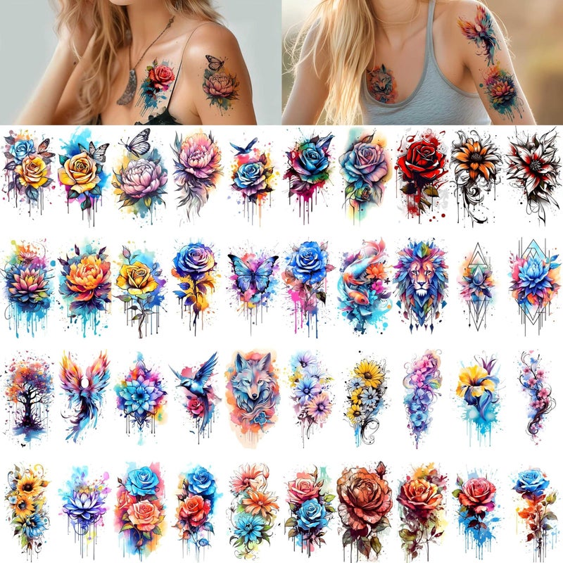 Glaryyears 52 Realistic Temporary Tattoos for Women Adults - Long Lasting Waterproof Fake Flower Tattoo Stickers, 3D Roses Birds Wolf Floral Arm Neck Body Art for Gifts(Kids Safe) - Image 4