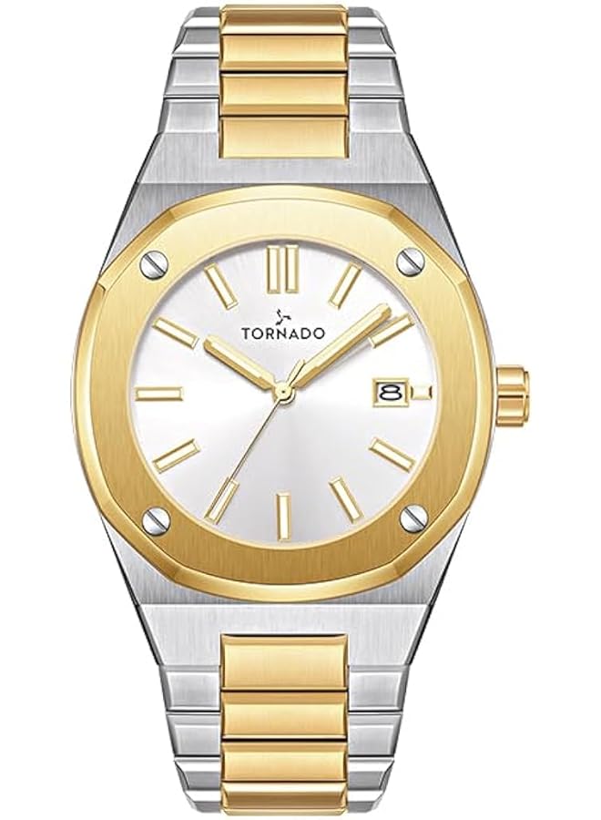 تورنيدو ساعة أورورا تويلايت للرجال، شاشة تناظرية وسوار فولاذي، T23003، لون ذهبي