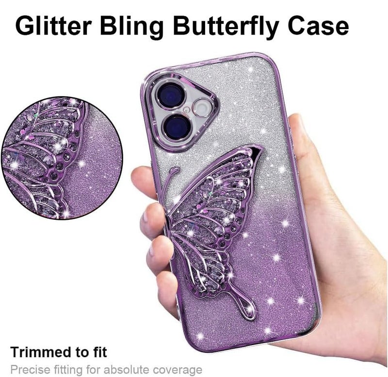 Mobistyle Designed for iPhone 16 Cover with Glitter Cute Butterfly Electroplate Plating Design Back Cover Case for Women Teen Girls [ Silicone | Purple] - Image 2