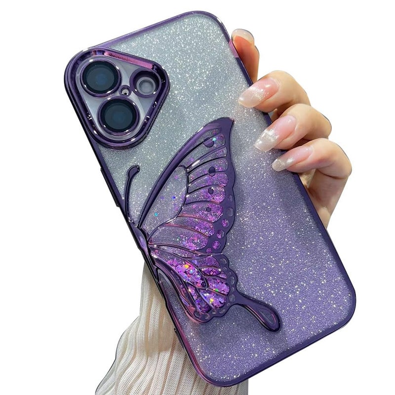 Mobistyle Designed for iPhone 16 Cover with Glitter Cute Butterfly Electroplate Plating Design Back Cover Case for Women Teen Girls [ Silicone | Purple] - Image 1