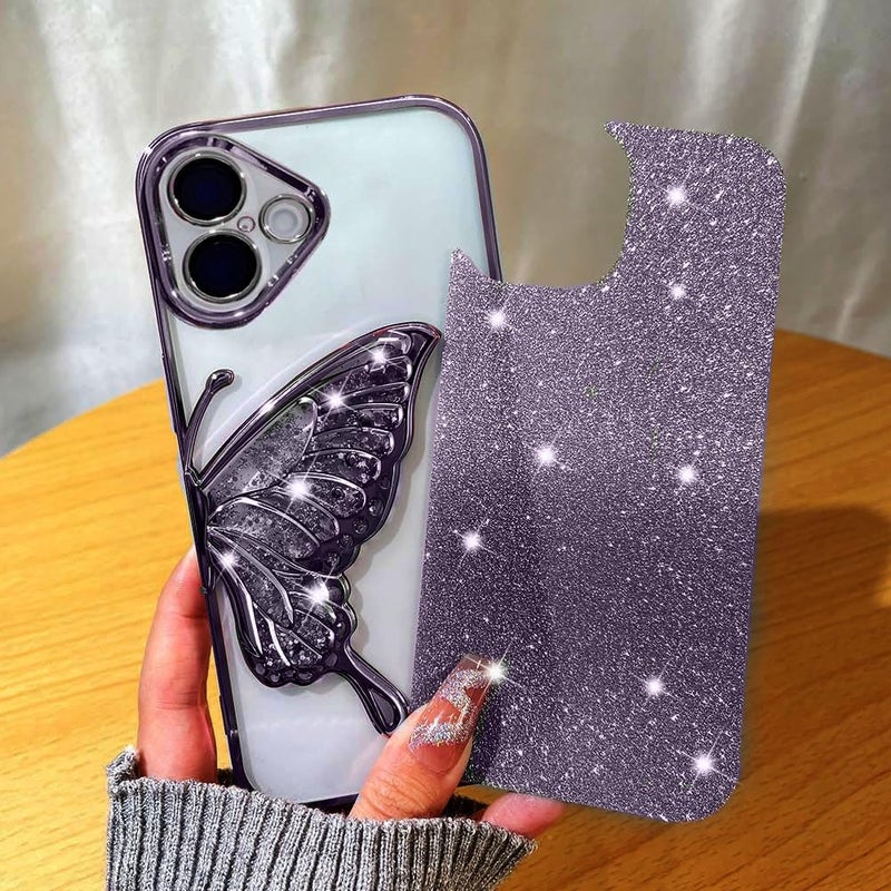 Mobistyle Designed for iPhone 16 Cover with Glitter Cute Butterfly Electroplate Plating Design Back Cover Case for Women Teen Girls [ Silicone | Purple] - Image 3