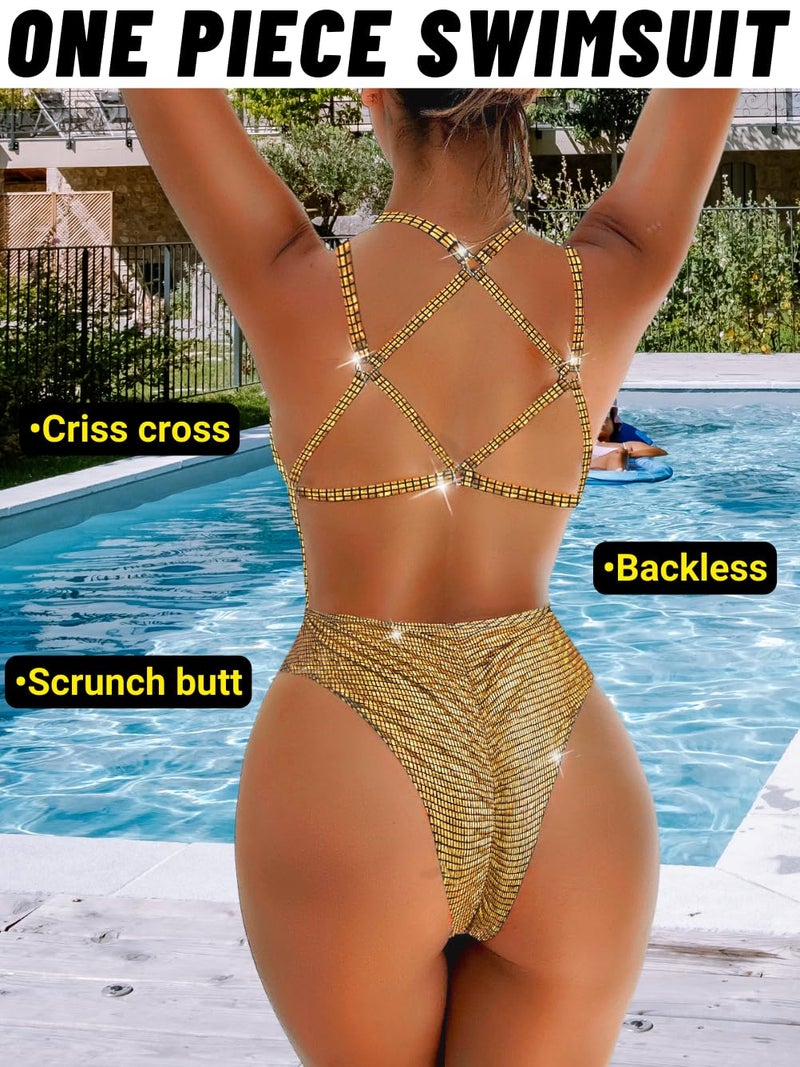 ShawGobow Sexy Swimsuit for Women,Backless Scrunch Butt High Cut Monokini,One Piece Cheeky Bathing Suit Beach Pool Party,Gold,Small - Image 3