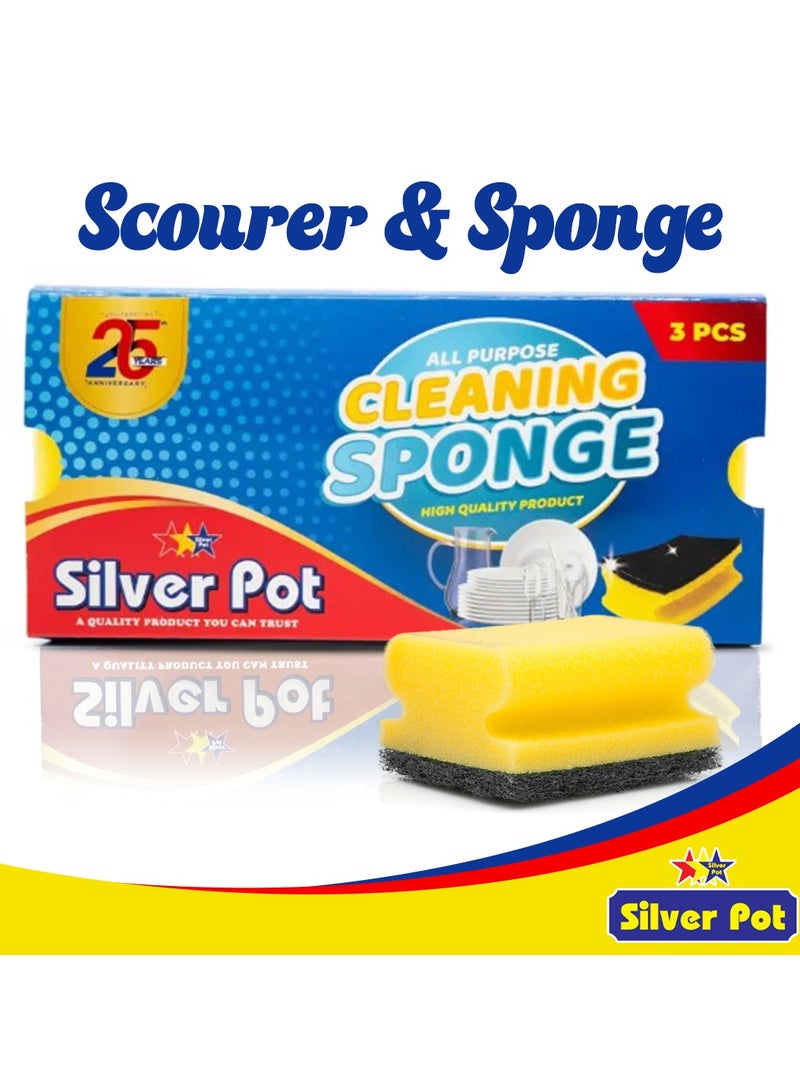 Silver Pot Kitchen Sponge & Scourer – Promo Pack of 3x3 total 9 sponges, 13cm Dual-Purpose Cleaning Sponges for Pots, Pans, Kitchen Utensils, and Delicate Surfaces - Image 2
