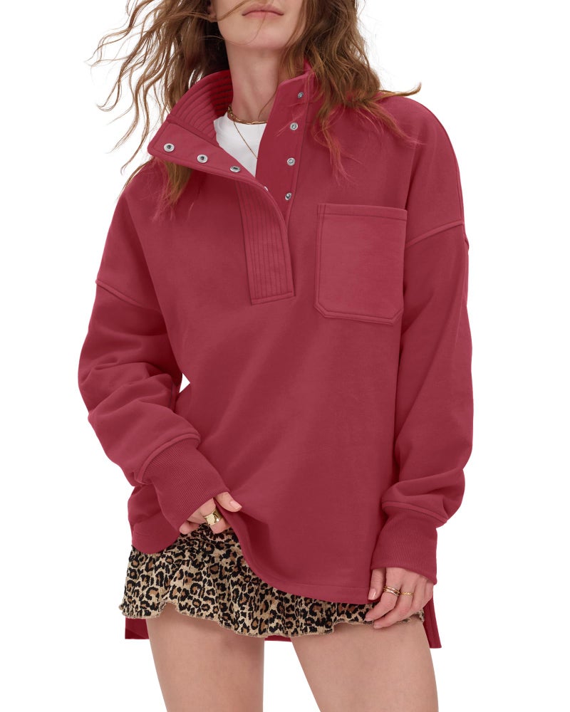 Locachy Womens Casual Oversized Sweatshirt Long Sleeve Button Henley Neck Pullover Tops Fashion Outfits Clothes Burgundy XL - Image 1
