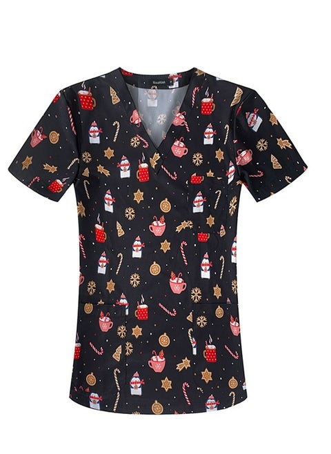 Unisex Printed V-Neck Medical Uniform Scrubs Top Comfty Soft Workwear