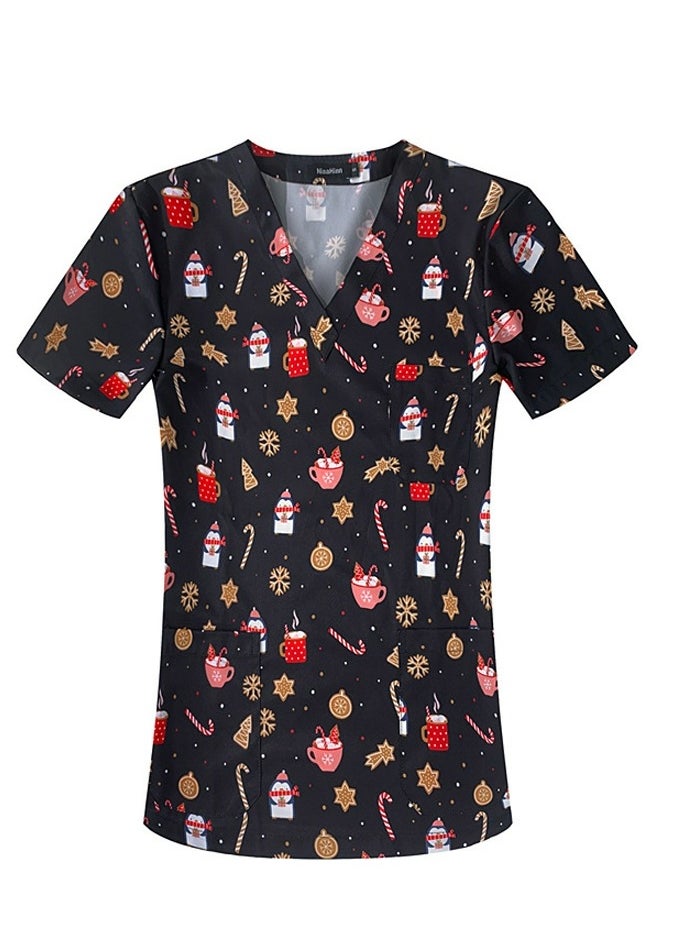 Loquat Unisex Printed V-Neck Medical Uniform Scrubs Top Comfty Soft Workwear 