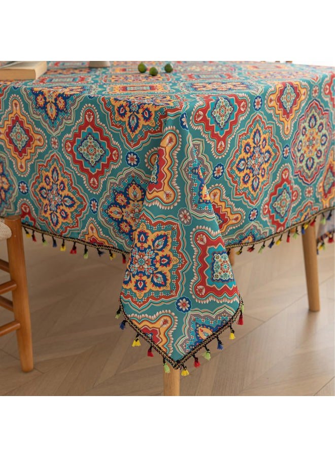 Erbnaryx Handblock Print Tablecloth for Square Tables,Fringed Edges with Bohemia Pattern Tablecloths,Table Cover Cloth Decorative for Kitchen Dining Room,59"x 70" - Image 1