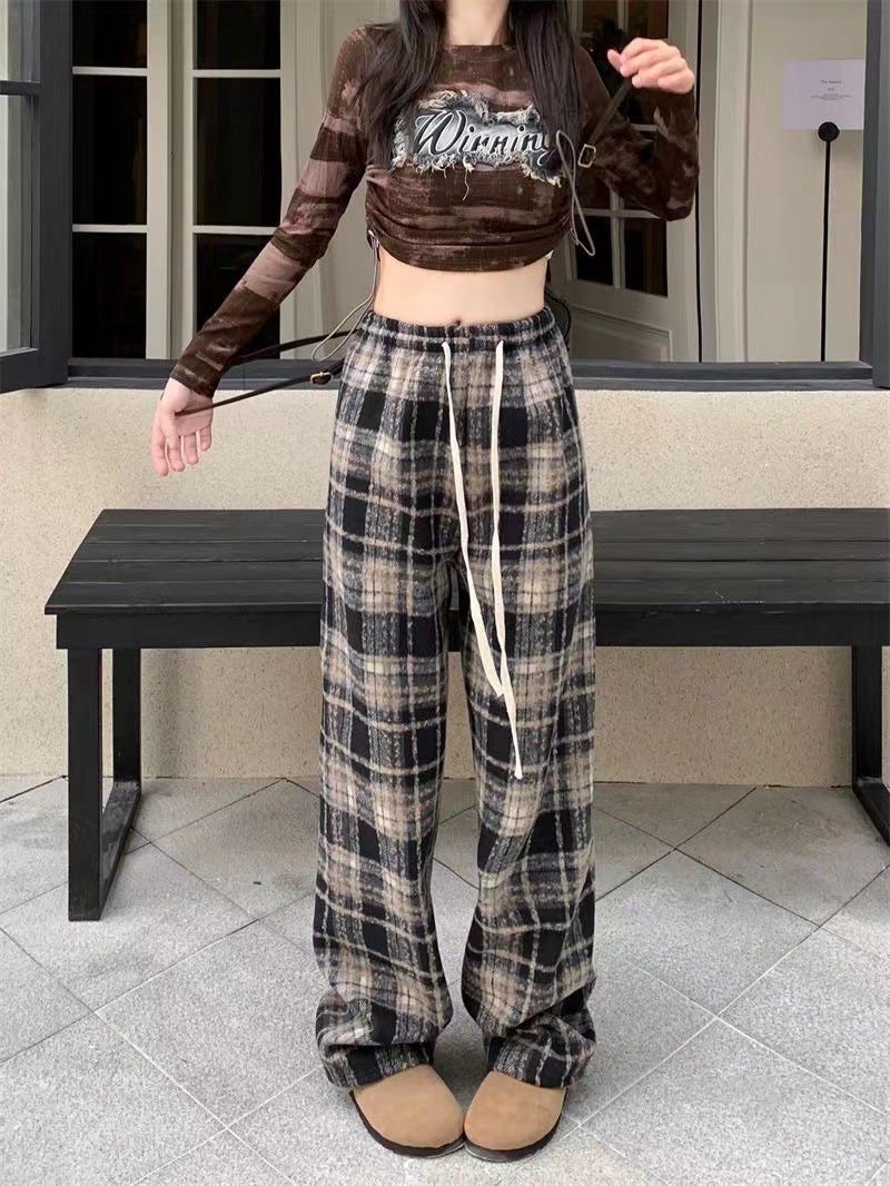 Woolen Plaid Drawstring Mop Casual Pants Girls New Christmas Wear Red Straight Leg Pants - Image 1